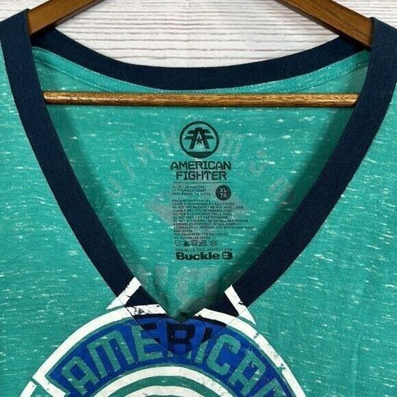 American Fighter Tee Shirt Womens XL Blue Green Y2K Punk Graphic Grunge Rocker - Picture 3 of 10